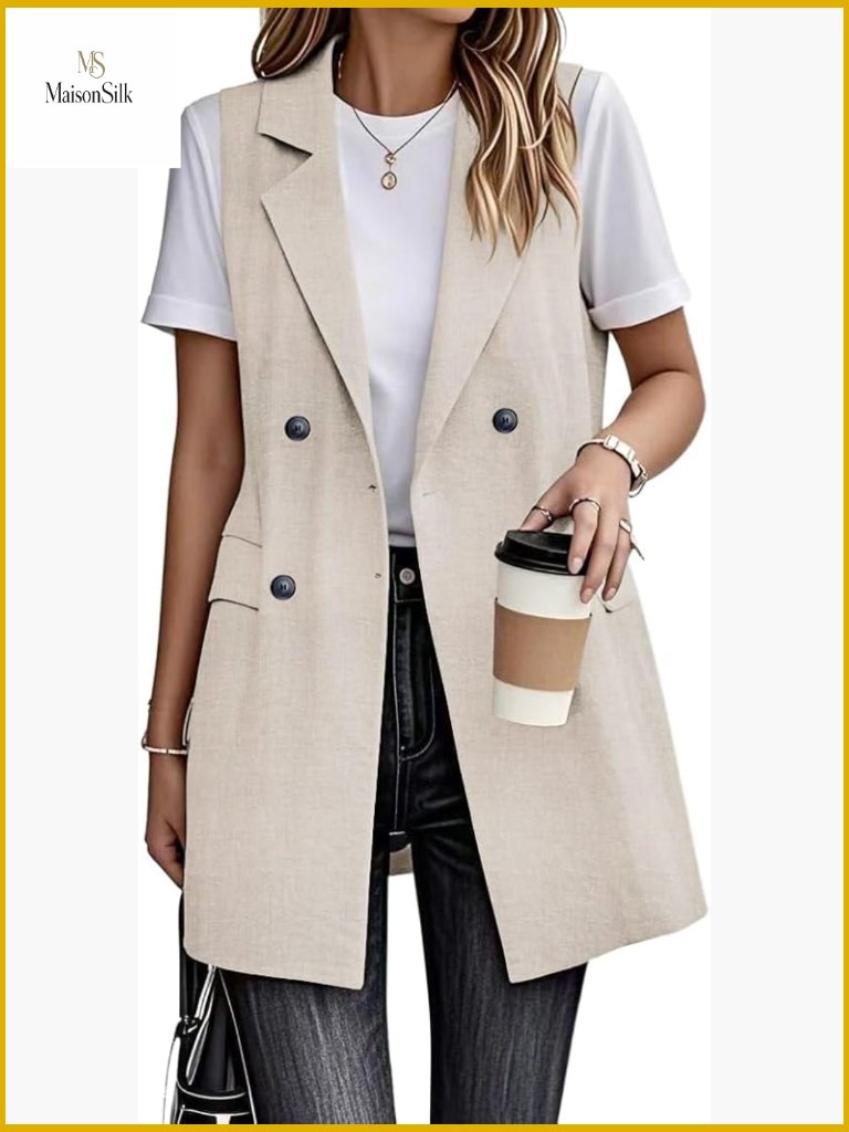 Long Linen Vest Sleeveless Blazer Lightweight Office Casual Jacket